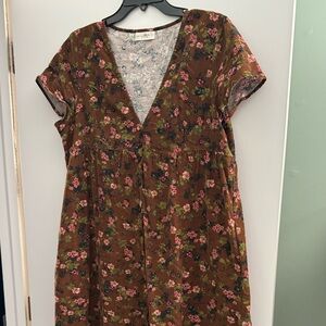 Natural Life- Vibrant Floral corduroy V-Neck Dress- button front- like new